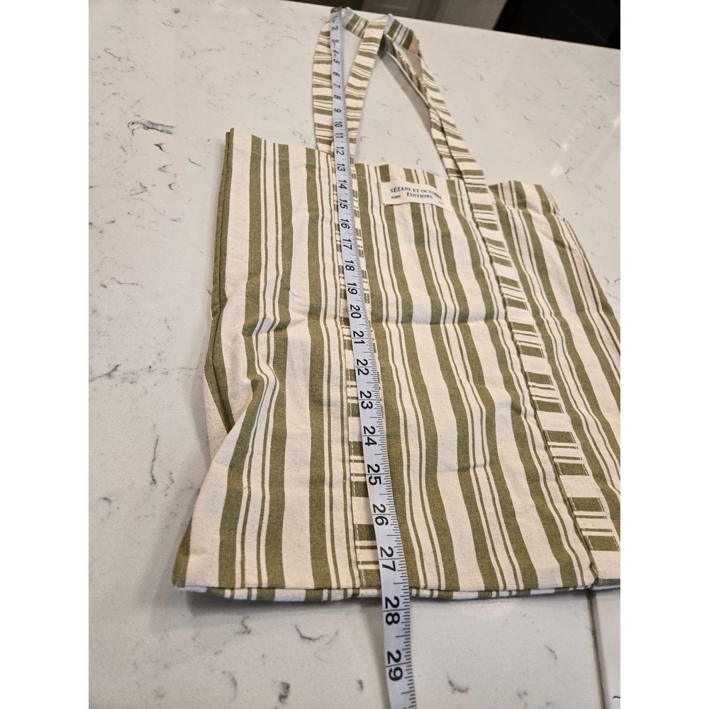 Sezane et Octobre Editions Paris Striped Canvas Tote Bag Olive Green Cream - Picture 8 of 9